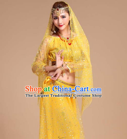 Asian India Folk Dance Clothing Indian Traditional Court Stage Performance Yellow Skirt Outfits