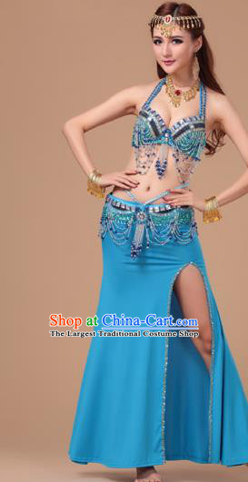 Top Belly Dance Clothing Asian Indian Oriental Dance Blue Uniforms Traditional Stage Performance Bra and Skirt