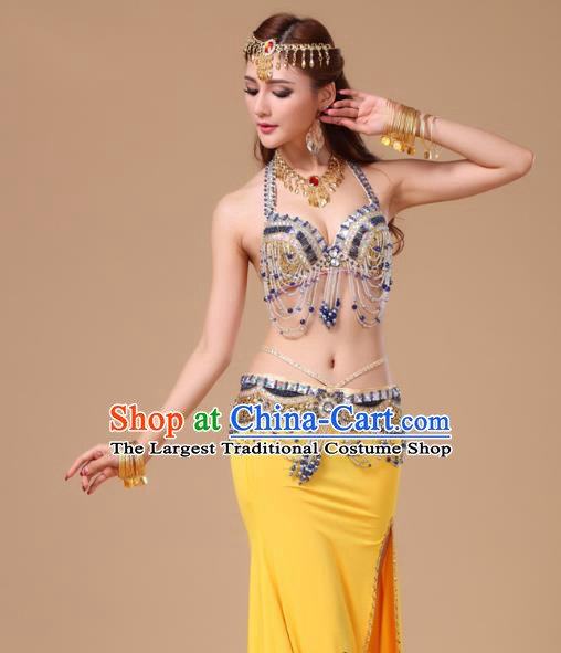Top Belly Dance Stage Performance Clothing Asian Indian Oriental Dance Yellow Uniforms Traditional Raks Sharki Bra and Skirt