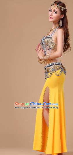 Top Belly Dance Stage Performance Clothing Asian Indian Oriental Dance Yellow Uniforms Traditional Raks Sharki Bra and Skirt