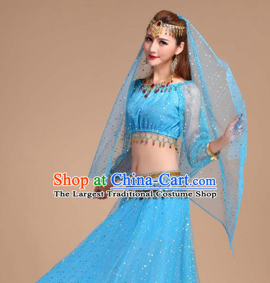 Indian Belly Dance Blue Skirt Outfits Asian Traditional Court Stage Performance Dress India Folk Dance Clothing