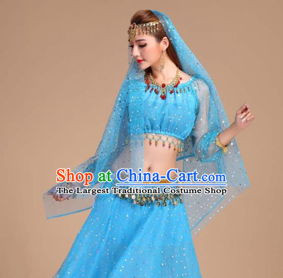 Indian Belly Dance Blue Skirt Outfits Asian Traditional Court Stage Performance Dress India Folk Dance Clothing