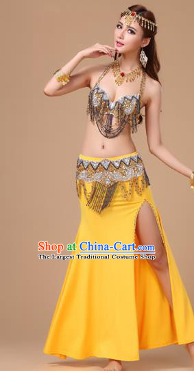 Indian Belly Dance Performance Sexy Yellow Uniforms Top Asian Oriental Dance Bra and Skirt Clothing