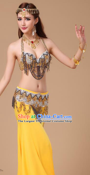 Indian Belly Dance Performance Sexy Yellow Uniforms Top Asian Oriental Dance Bra and Skirt Clothing