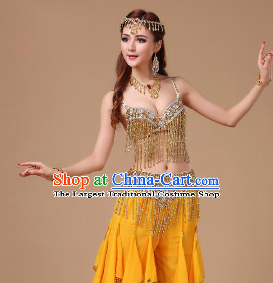 Asian Indian Belly Dance Training Yellow Uniforms Traditional Oriental Beauty Dance Bra and Pants Costumes