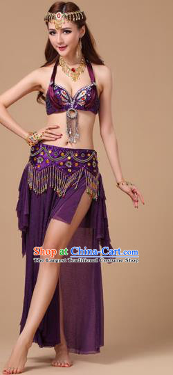 Indian Stage Performance Costumes Asian Belly Dance Purple Uniforms Traditional Oriental Beauty Dance Bra and Skirt