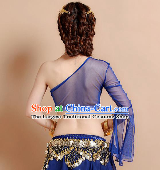 Indian Dance Performance Single Shoulder Top and Blue Skirt Uniforms Asian Traditional Belly Dance Oriental Dance Costumes