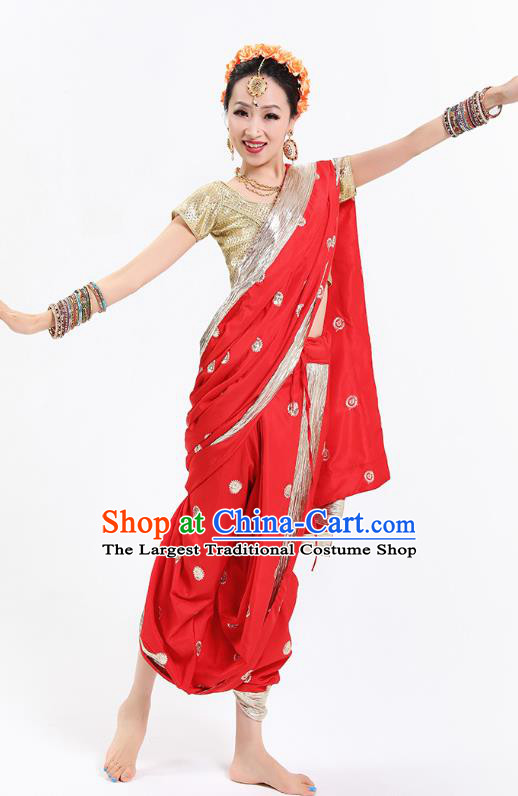 Top Indian Oriental Dance Golden Blouse and Red Pants Folk Dance Stage Performance Costume