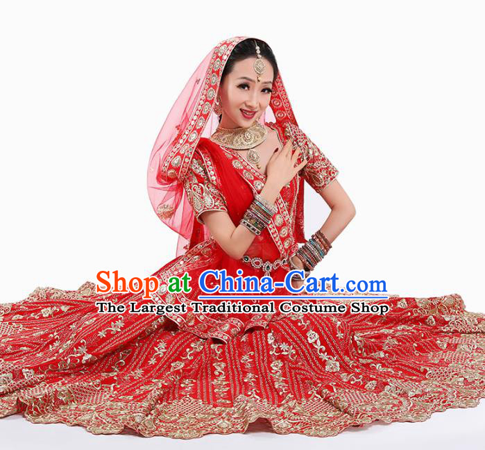Indian Wedding Red Lehenga Dress Asian Traditional Court Bride Stage Performance Costumes and Hair Jewelry