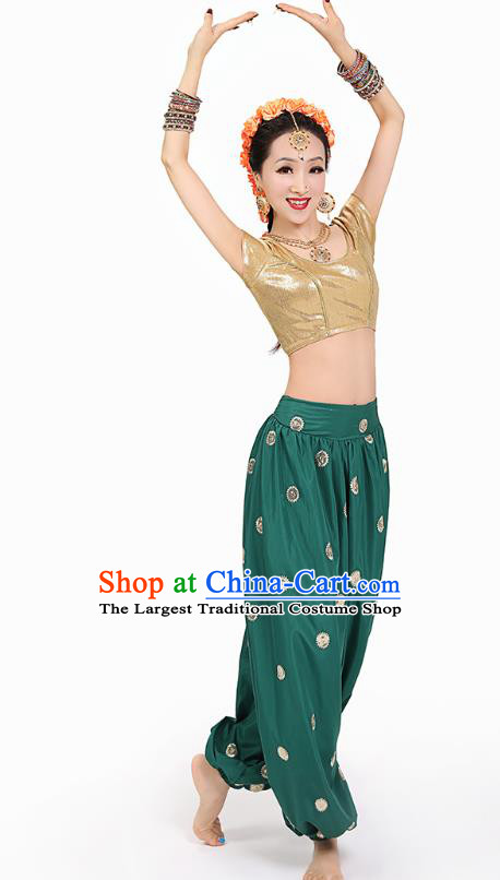 Top Indian Young Lady Blouse and Green Veil Pants India Folk Dance Stage Performance Costumes