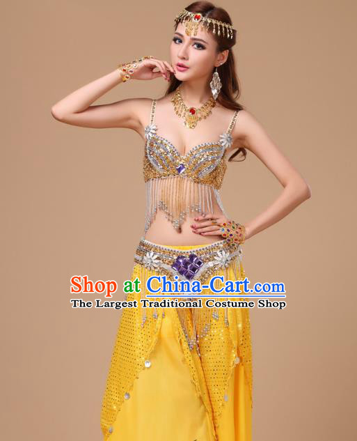 Top Asian Oriental Dance Clothing Indian Belly Dance Stage Performance Sexy Bra and Yellow Skirt Uniforms