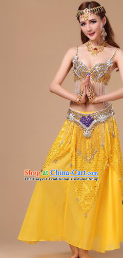 Top Asian Oriental Dance Clothing Indian Belly Dance Stage Performance Sexy Bra and Yellow Skirt Uniforms
