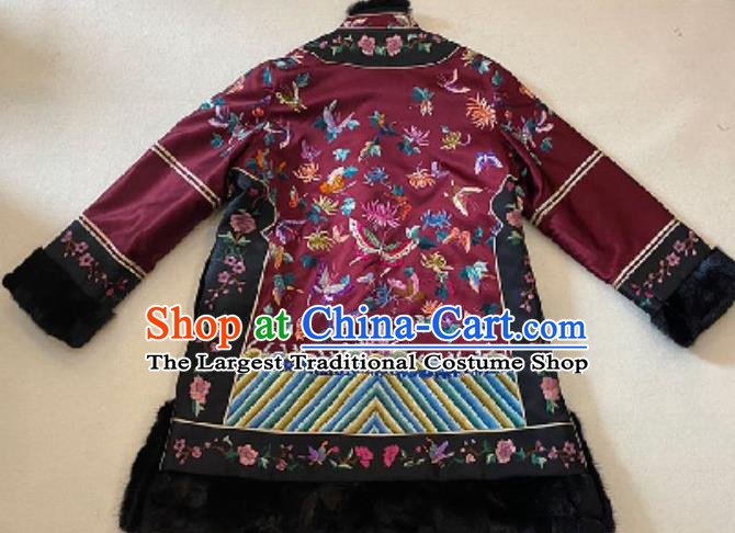 Chinese National Embroidered Butterfly Jacket Purple Silk Cotton Wadded Coat Costume