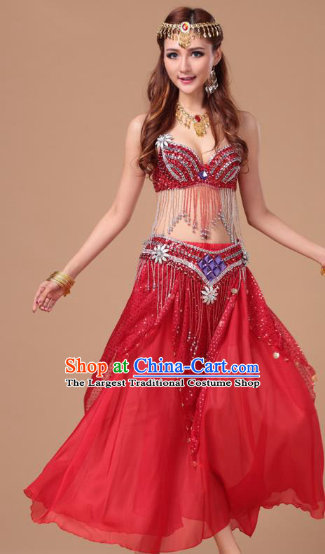 Top Indian Belly Dance Stage Performance Sexy Bra and Red Skirt Uniforms Asian Oriental Dance Clothing