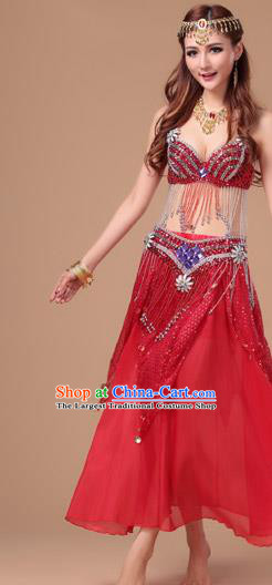 Top Indian Belly Dance Stage Performance Sexy Bra and Red Skirt Uniforms Asian Oriental Dance Clothing