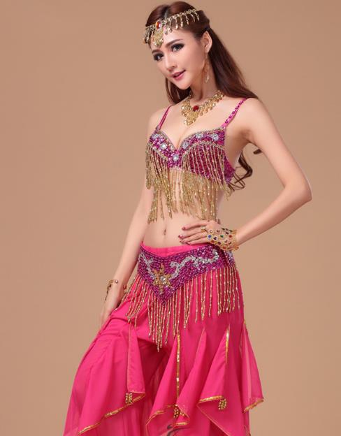 Top Indian Belly Dance Training Rosy Uniforms Asian Oriental Dance Bra and Pants Clothing