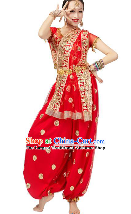 Top Indian Young Lady Red Uniforms Blouse and Pants India Folk Dance Costumes