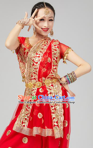 Top Indian Young Lady Red Uniforms Blouse and Pants India Folk Dance Costumes