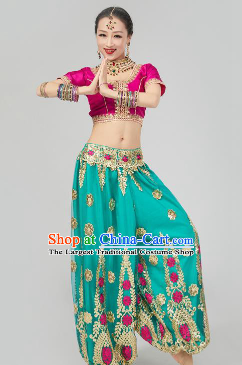 Top India Folk Dance Costumes Indian Stage Performance Uniforms Rosy Blouse and Green Pants