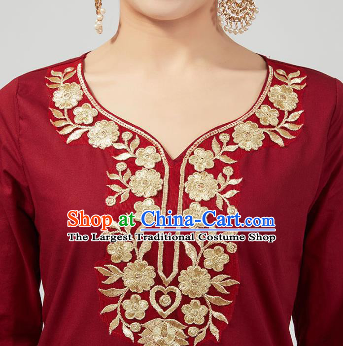 India Traditional Wine Red Punjab Clothing Asian Indian Female Dance Costumes