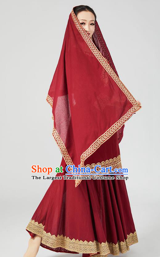 India Traditional Wine Red Punjab Clothing Asian Indian Female Dance Costumes