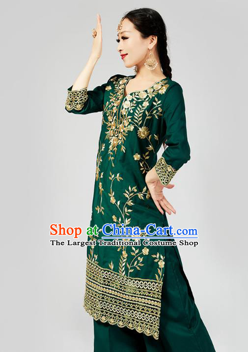 India Traditional Embroidered Punjab Clothing Asian Indian Female Dance Costumes Green Blouse and Loose Pants