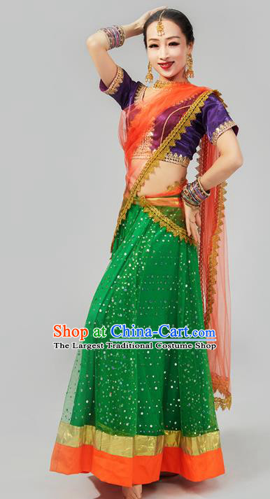 Asian Indian Purple Top and Green Skirt Traditional Court Princess Dress India Bollywood Dance Performance Clothing
