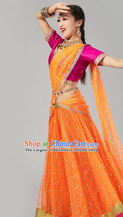 India Bollywood Dance Performance Clothing Asian Indian Rosy Top and Orange Skirt Traditional Court Princess Dress