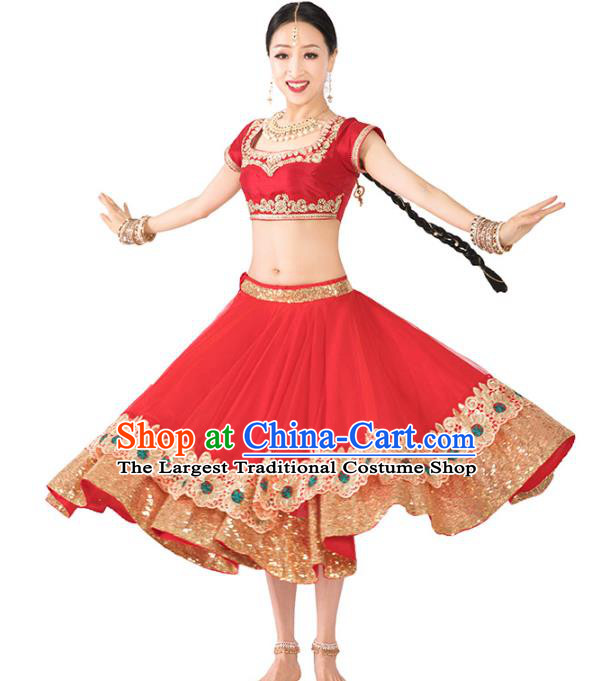 India Bollywood Dance Performance Clothing Asian Indian Traditional Court Princess Embroidered Lehenga Red Dress