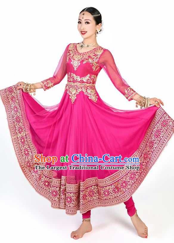 Asian India Bollywood Stage Performance Clothing Indian Traditional Dance Embroidered Rosy Anarkali Dress and Pants