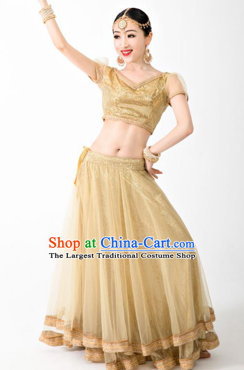 Asian India Bollywood Princess Clothing Traditional Lehenga Clothing Indian Golden Top and Veil Skirt