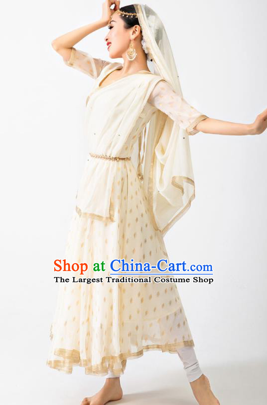 Asian India Anarkali Uniforms Traditional Folk Dance Clothing Indian Stage Performance Beige Dress