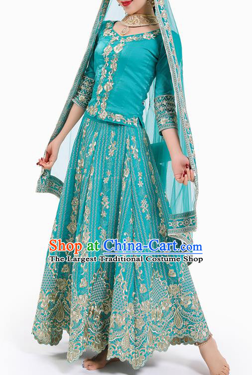 Indian Stage Performance Costumes Court Dance Blue Blouse and Skirt Asian India Traditional Embroidered Lehenga Clothing