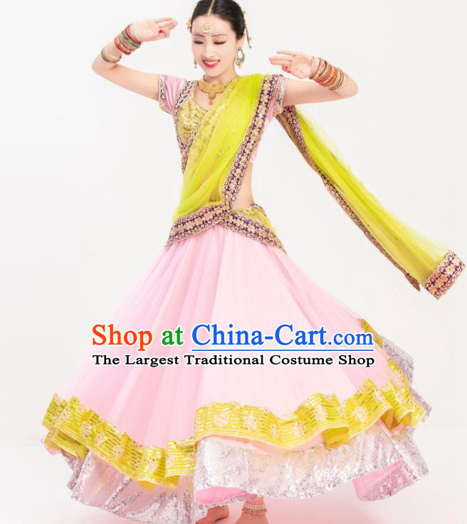 Indian Bollywood Dance Stage Performance Blouse and Pink Skirt Asian India Traditional Lehenga Clothing