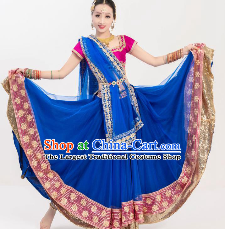 Asian India Traditional Bollywood Dance Lehenga Clothing Indian Stage Performance Rosy Blouse and Royalblue Skirt