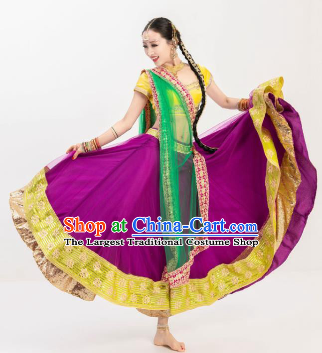 Asian India Lehenga Clothing Indian Stage Performance Yellow Blouse and Purple Skirt Traditional Bollywood Dance Costumes