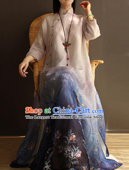 China Classical Printing Blue Silk Cheongsam Traditional Stand Collar Qipao Dress National Women Zen Clothing