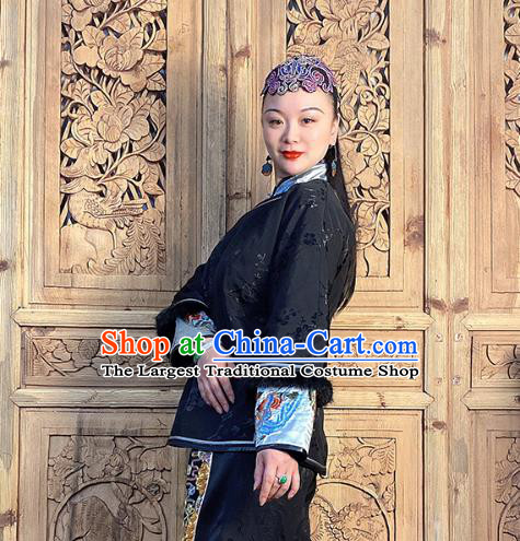 Chinese Traditional Tang Suit Outer Garment Short Coat Hand Embroidery Black Silk Cotton Wadded Jacket