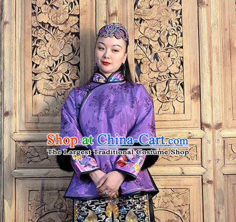 Chinese Hand Embroidery Purple Silk Cotton Wadded Jacket Traditional Tang Suit Outer Garment Short Coat