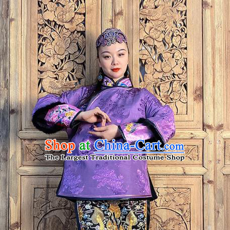 Chinese Hand Embroidery Purple Silk Cotton Wadded Jacket Traditional Tang Suit Outer Garment Short Coat