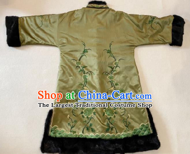 Chinese Light Green Silk Cotton Wadded Coat National Winter Costume Embroidered Peacock Peony Jacket