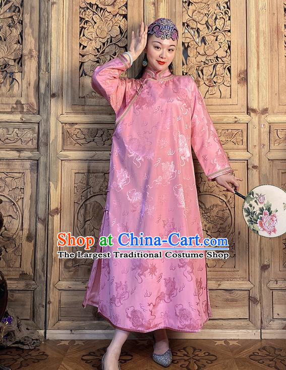 China Classical Loose Cheongsam Traditional Pink Silk Qipao Dress Women Clothing