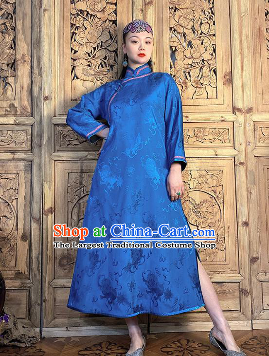 China National Women Clothing Classical Loose Cheongsam Traditional Deep Blue Silk Qipao Dress