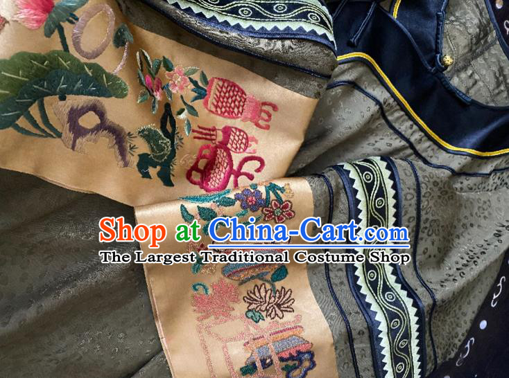 China Loose Cheongsam Hand Embroidered Olive Green Silk Qipao Dress National Women Costume