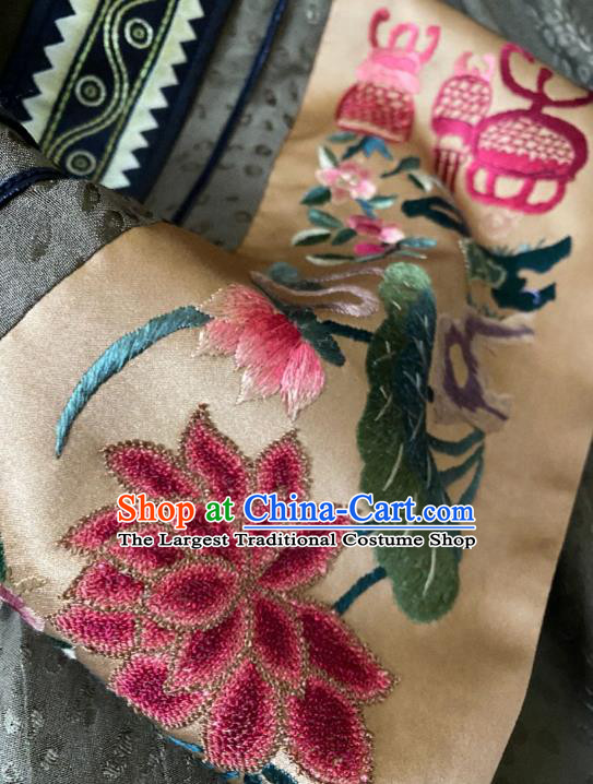 China Loose Cheongsam Hand Embroidered Olive Green Silk Qipao Dress National Women Costume
