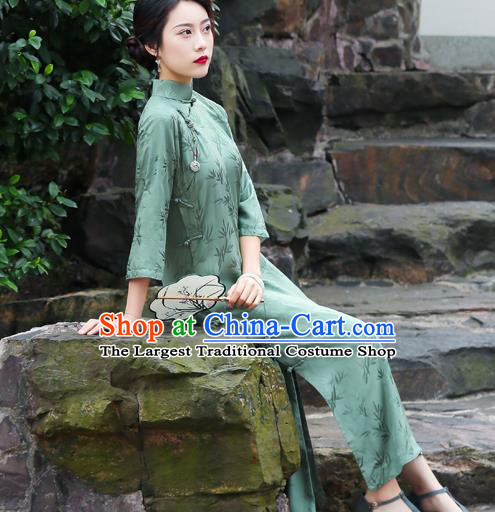 China Traditional Cheongsam Classical Bamboo Leaf Pattern Green Silk Qipao Dress