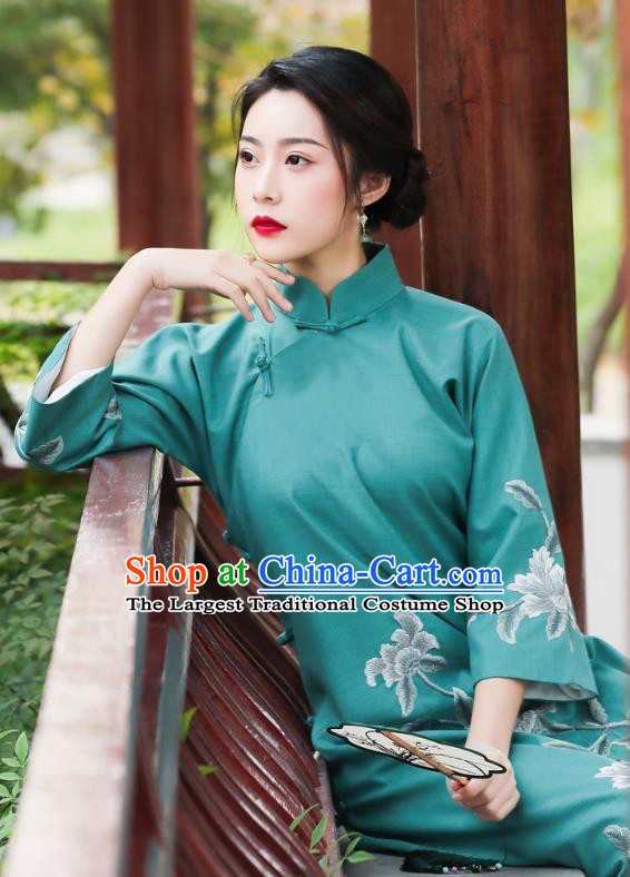 China National Clothing Traditional Cheongsam Classical Embroidered Peony Green Qipao Dress