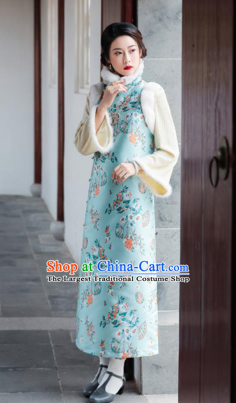 China National Winter Clothing Traditional Light Blue Cheongsam Classical Printing Qipao Dress
