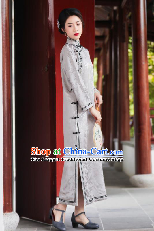 China Classical Grey Silk Qipao Dress National Winter Clothing Traditional Young Mistress Cheongsam