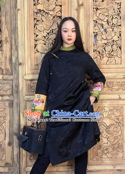 Chinese Black Silk Long Gown Traditional Tang Suit Overcoat Woman Embroidery Dust Coat
